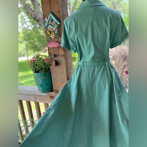 Colectif Vintage London Catalina Sea Green Swing House Dress Buttons Belt NWT - Picture 7 of 13
